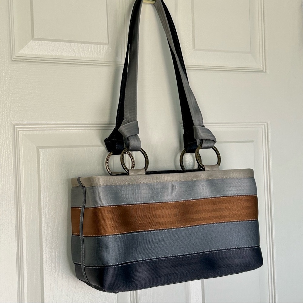 Striped Tote Bag in Gray, Navy & Brown